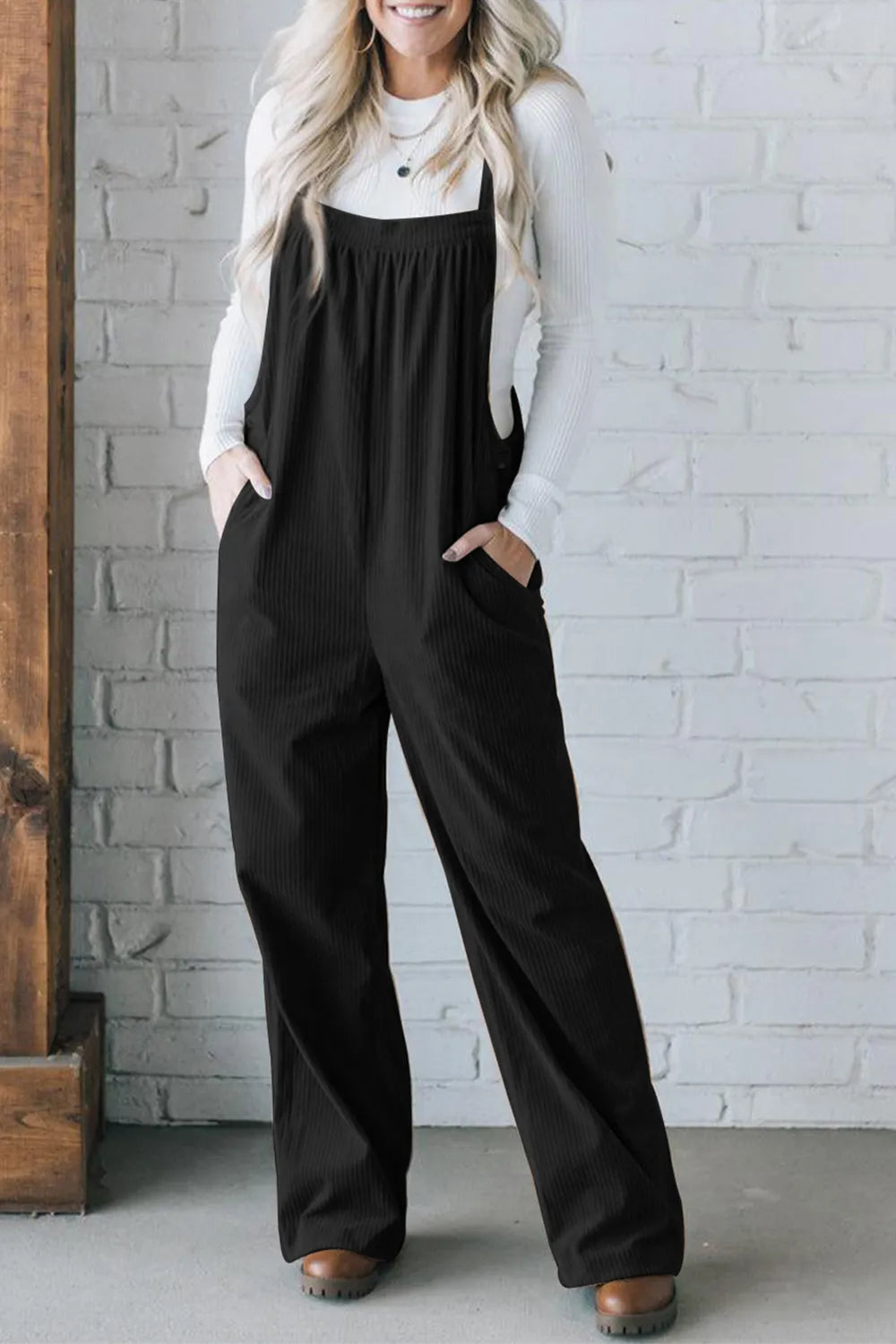 Square Neck Wide Strap Overalls - Black - View 6