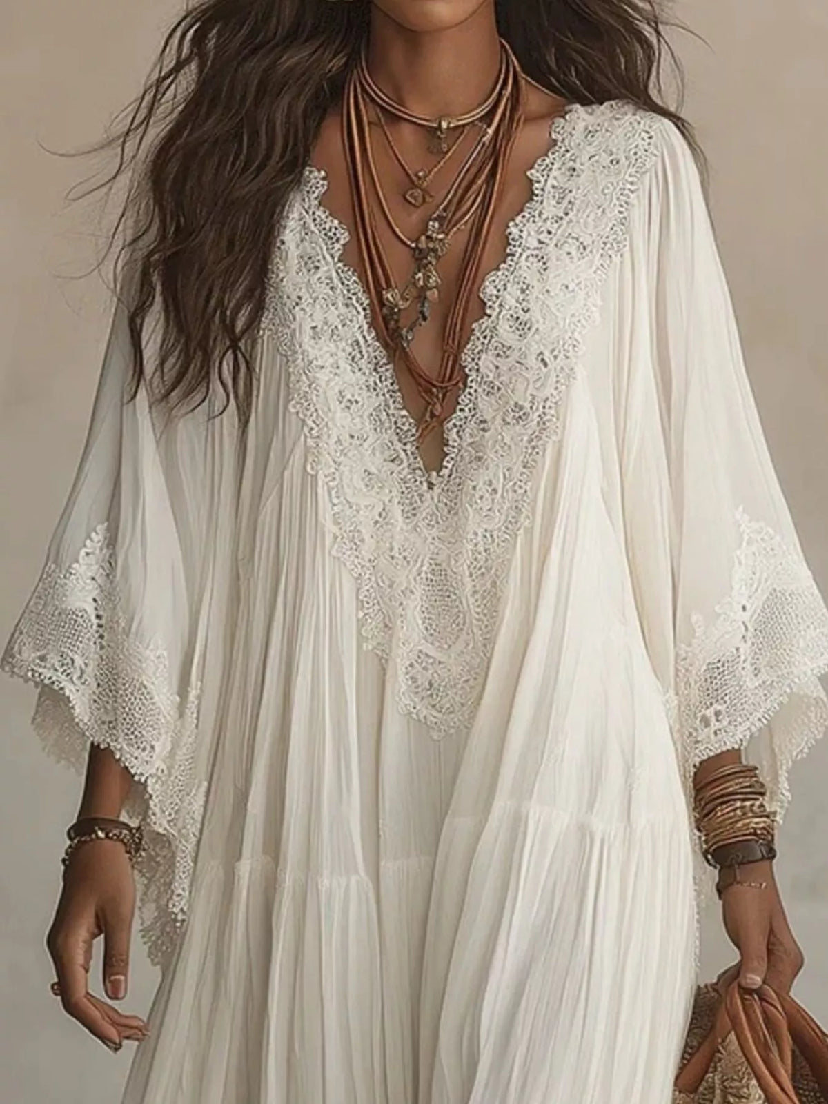 Lace Trim V-Neck Maxi Dress - White - View 3