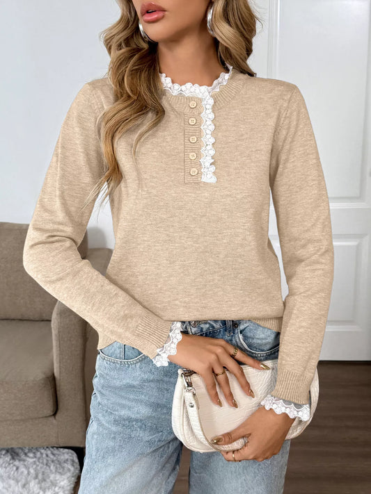 Lace Trim Button Detail Sweater - Tan - View 2