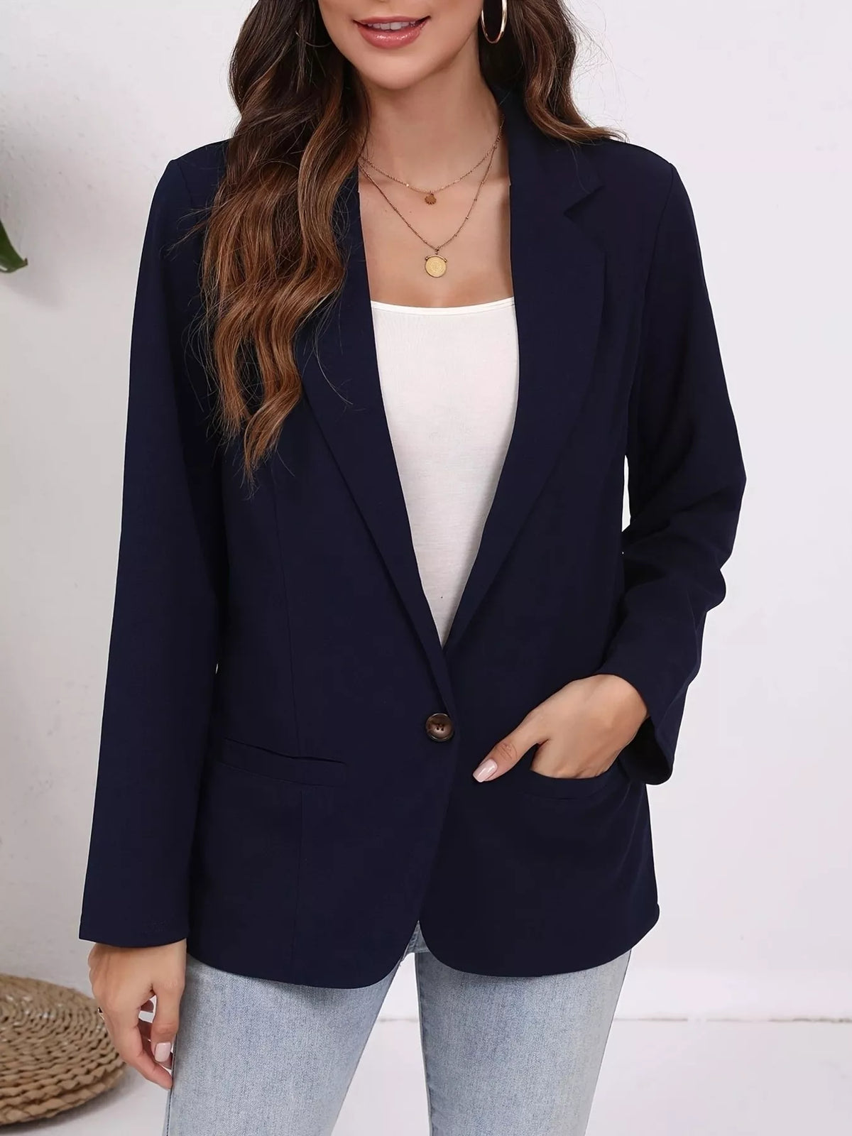 Plus Size Lapel Collar Single-Button Blazer - Navy Blue - View 6