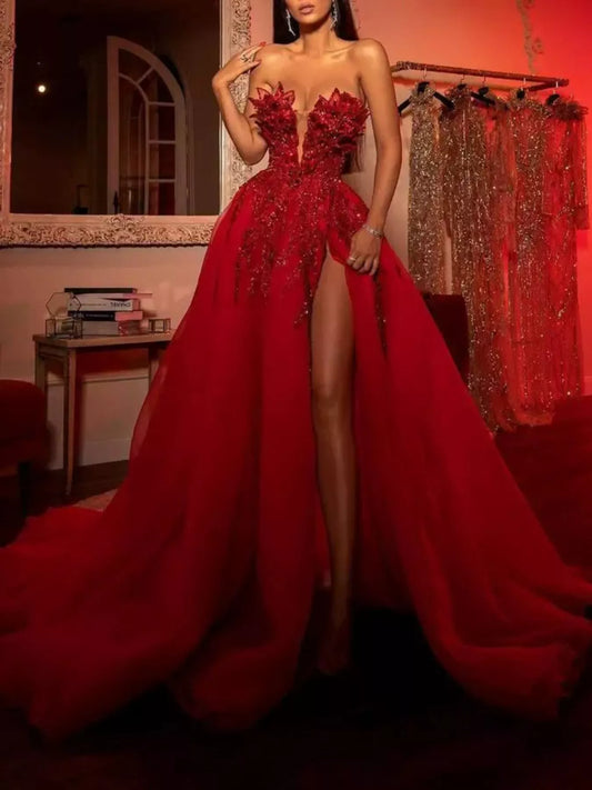 High-Slit Strapless Evening Gown - Red - View 1