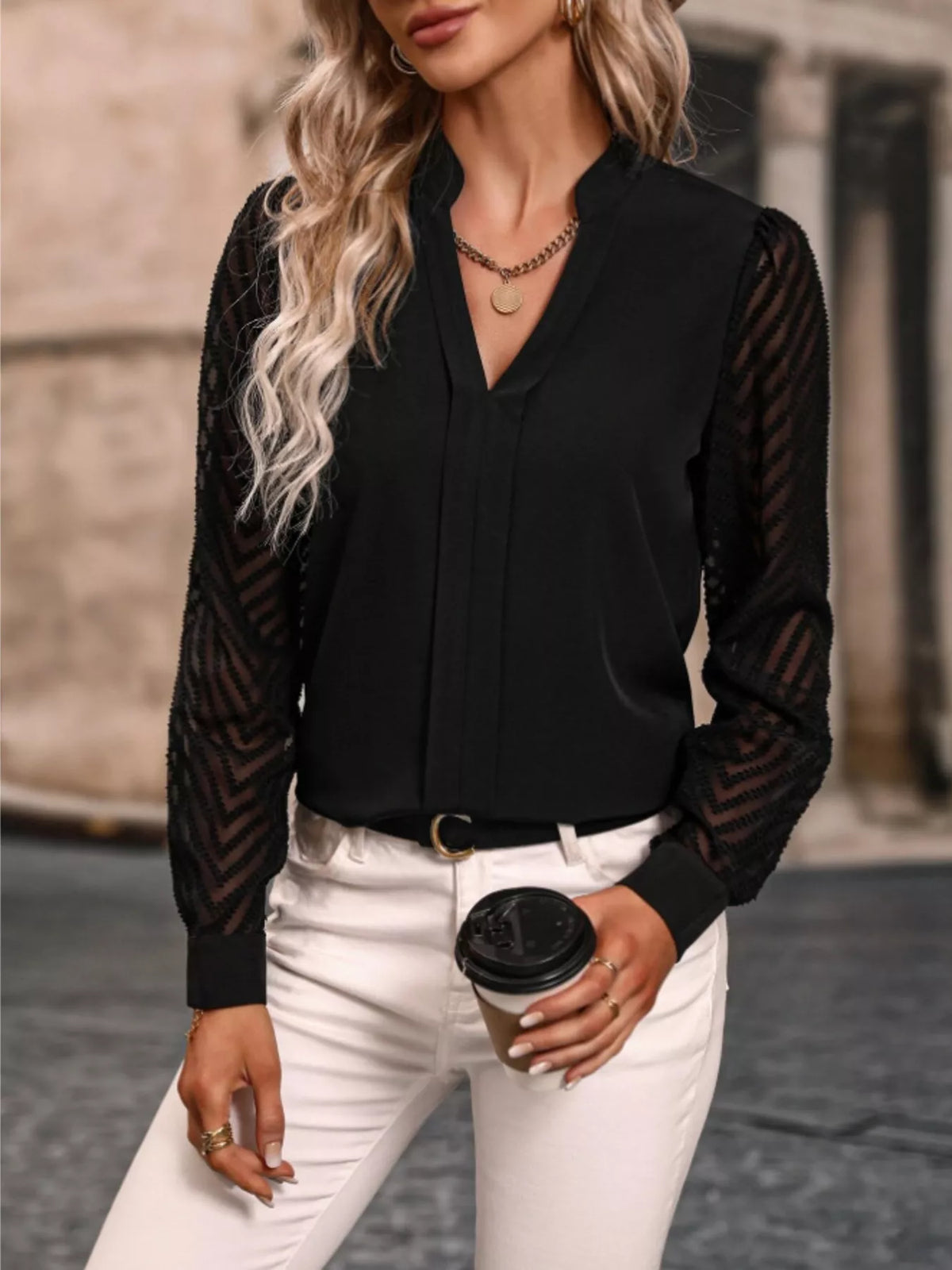 Notched Long Sleeve Blouse - Black - View 4