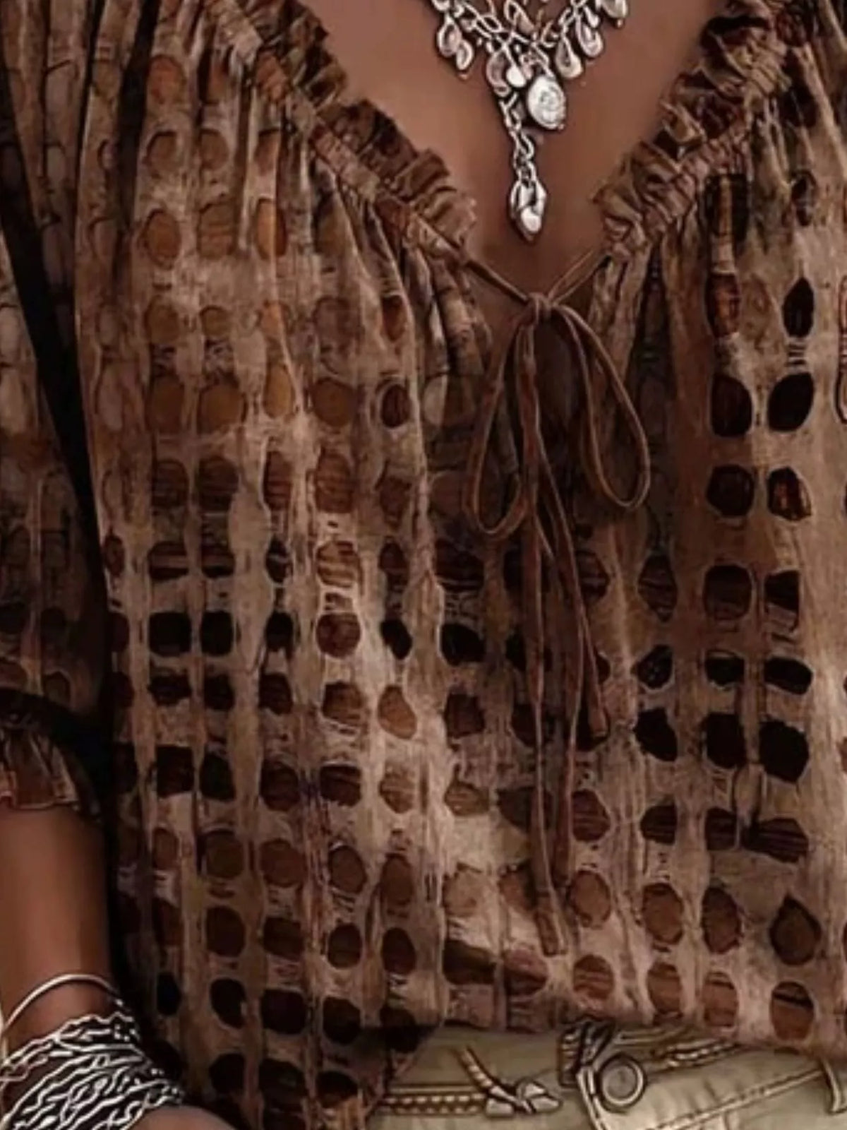 Full Size Tie Neck 3/4 Sleeve Blouse Plus Size - Caramel - View 8