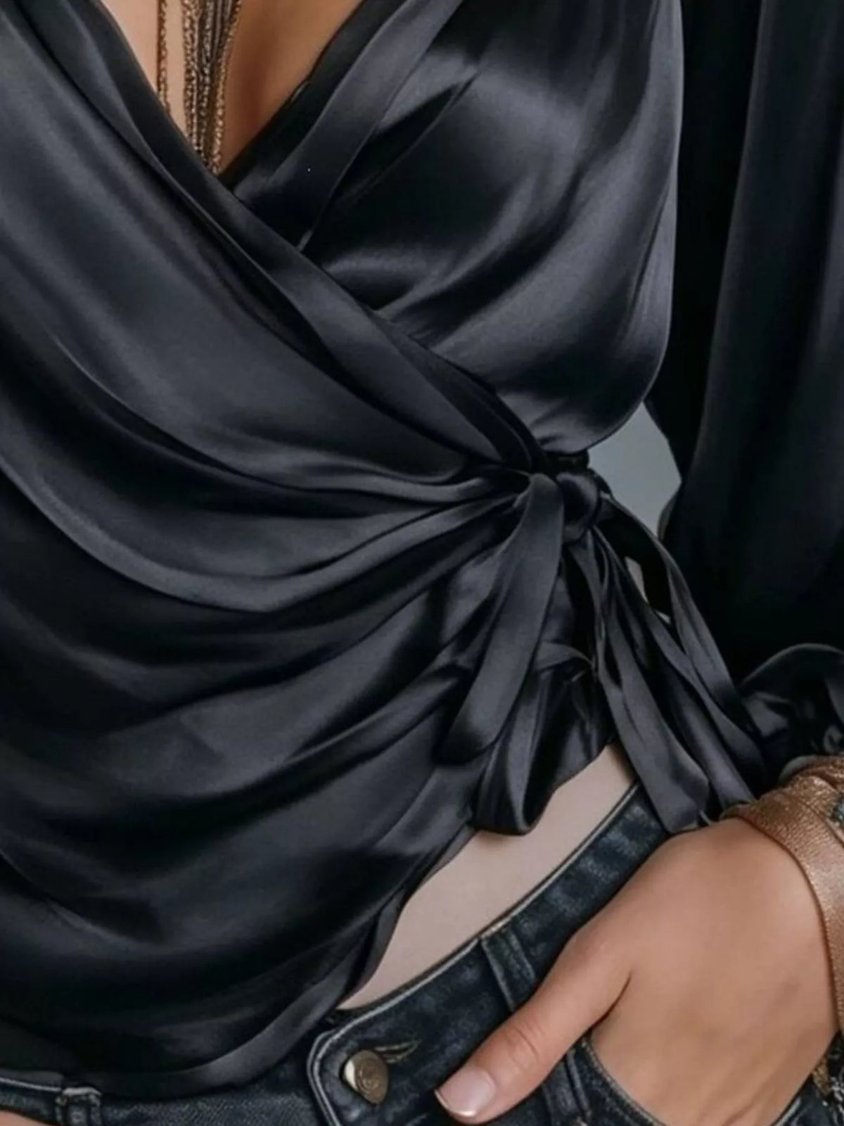 Satin Balloon Sleeve Blouse - Black - View 8