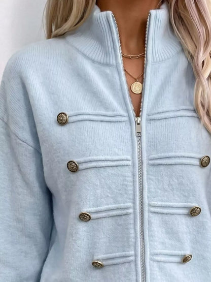 Zip-Up Long Sleeve Cardigan - Light Blue - View 2