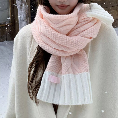 Two-Tone Cable Knitted Scarf - Pink - View 1