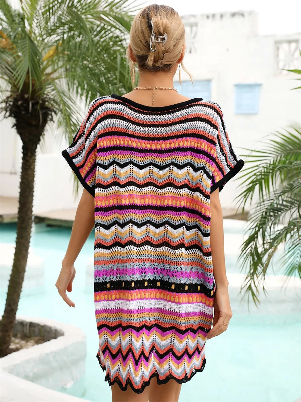 Angel Wings Rainbow Stripe Scalloped V-Neck Cover-Up Dress - Black - View 2