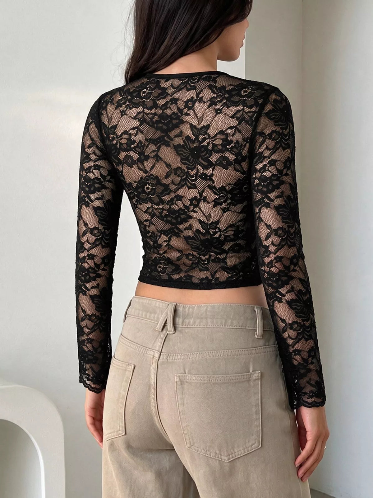 Lace Sleeve Square Neck Top - Black - View 6