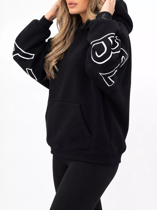 Letter Back Hoodie with Kangaroo Pocket - Black - View 2