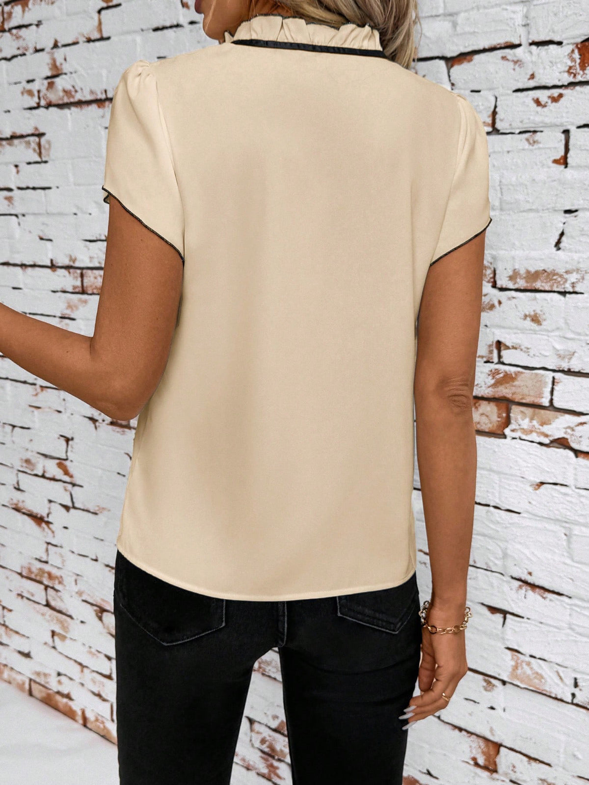 Tie Neck Short Sleeve Blouse - Apricot - View 36