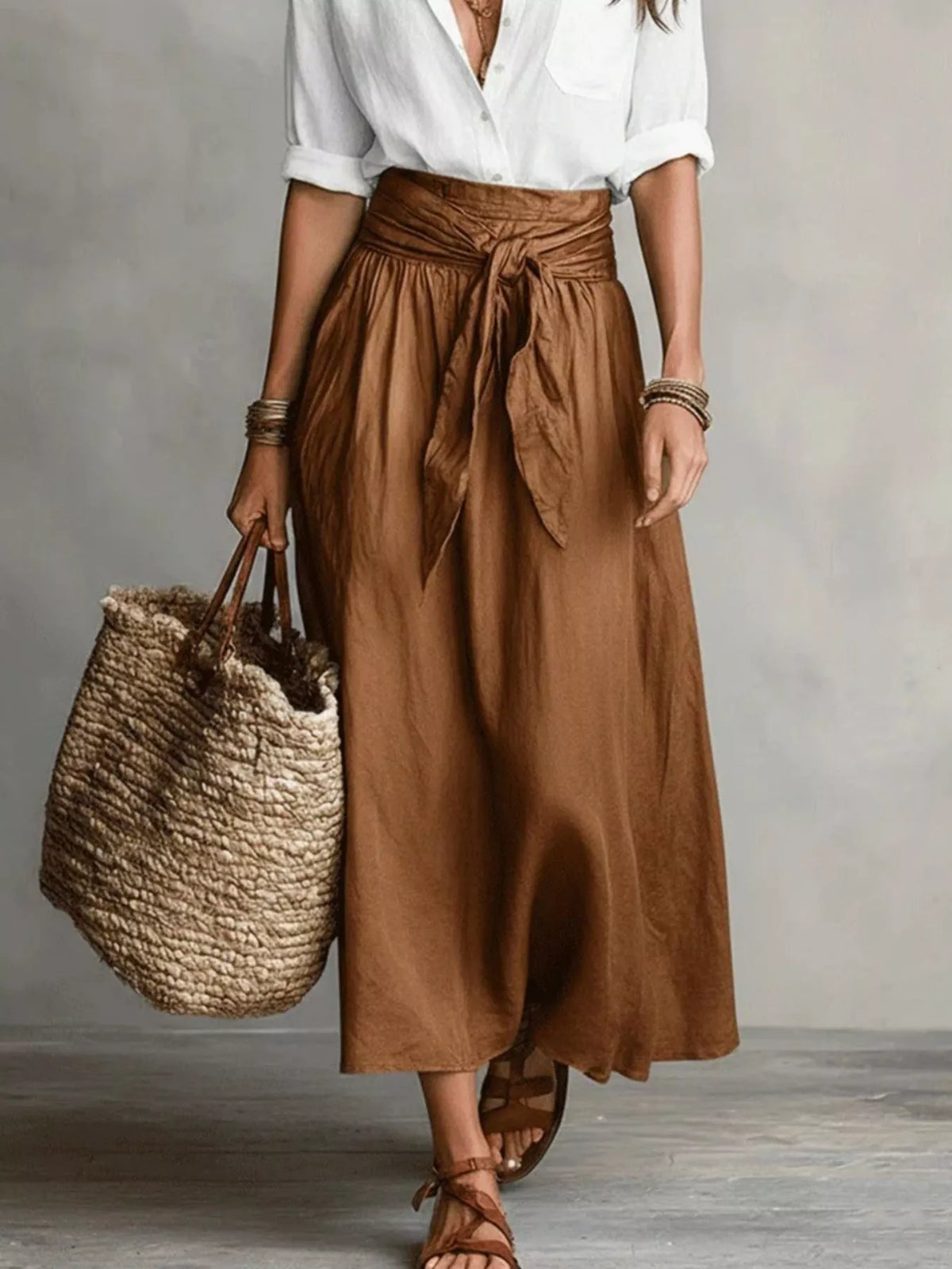 Full Size Button-Down Shirt and Skirt Set Plus Size - Caramel - View 3