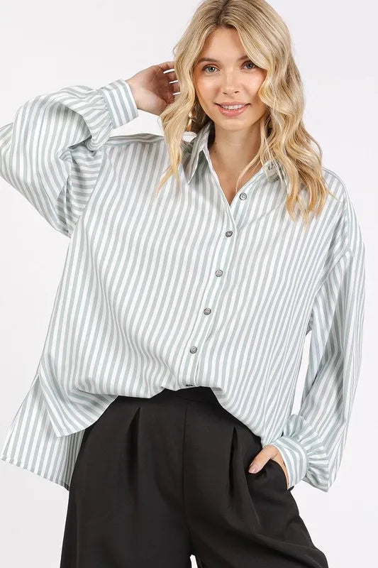 Mittoshop Button Down Striped Long Sleeve Shirt - Sage - View 1