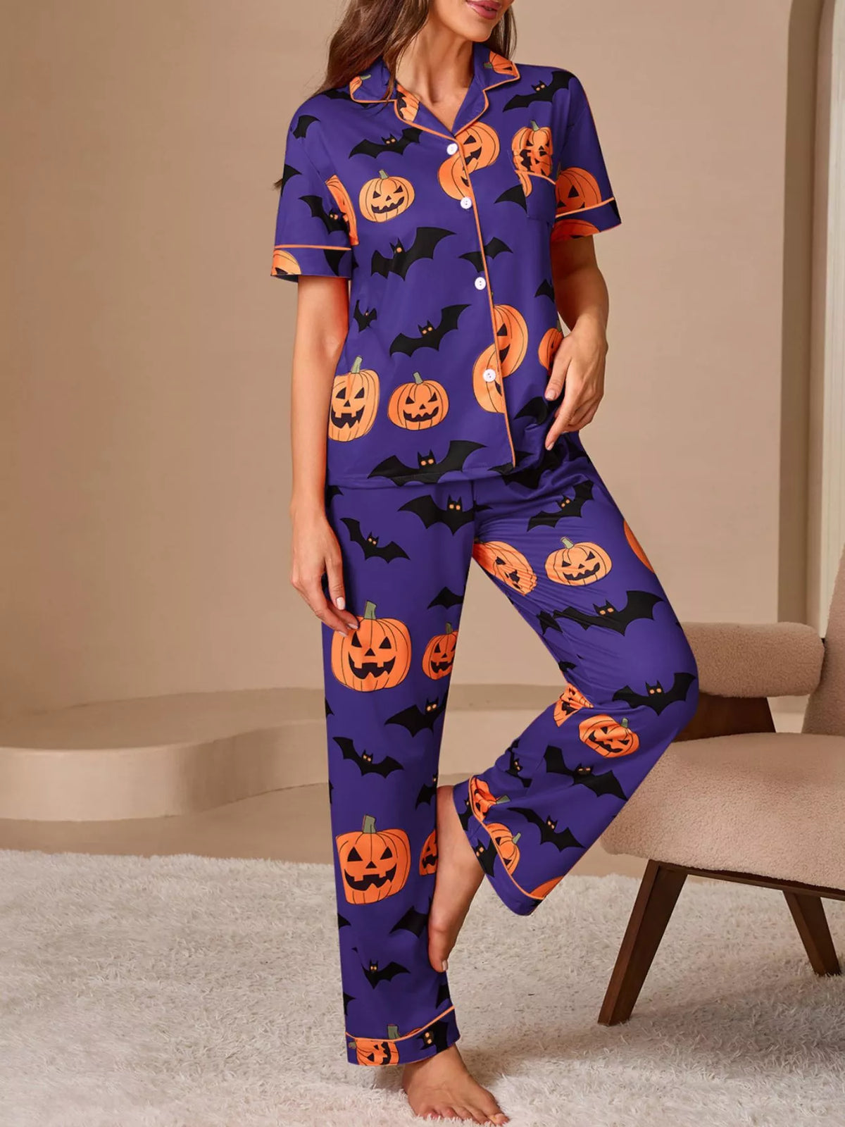 Halloween Pumpkin and Bat Print Button-Down Top and Pants Lounge Set - Purple - View 3