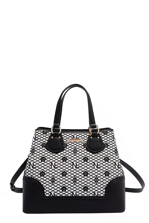 Nicole Lee USA Monogram Pattern Handbag with Rhinestones Decor - BLACK - View 3