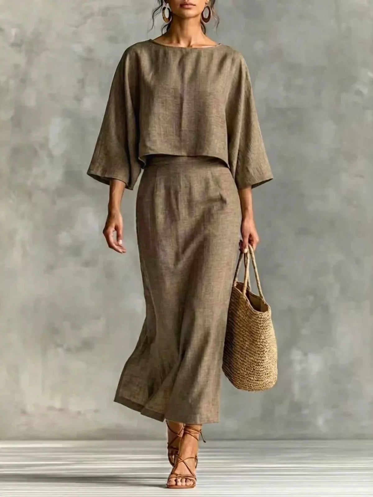 Full Size Solid Color Cropped Top and Midi Skirt Set Plus Size - Khaki - View 1