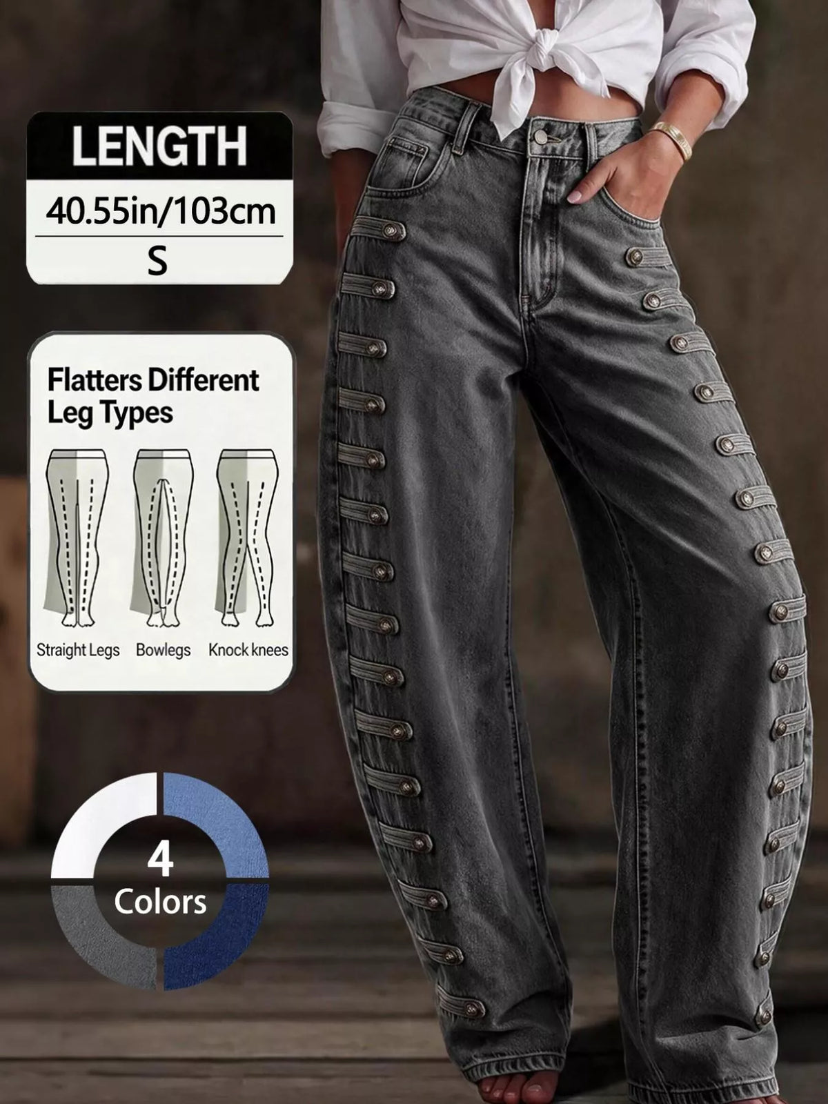 Decorative Button Wide Leg Jeans - Dark Gray - View 28