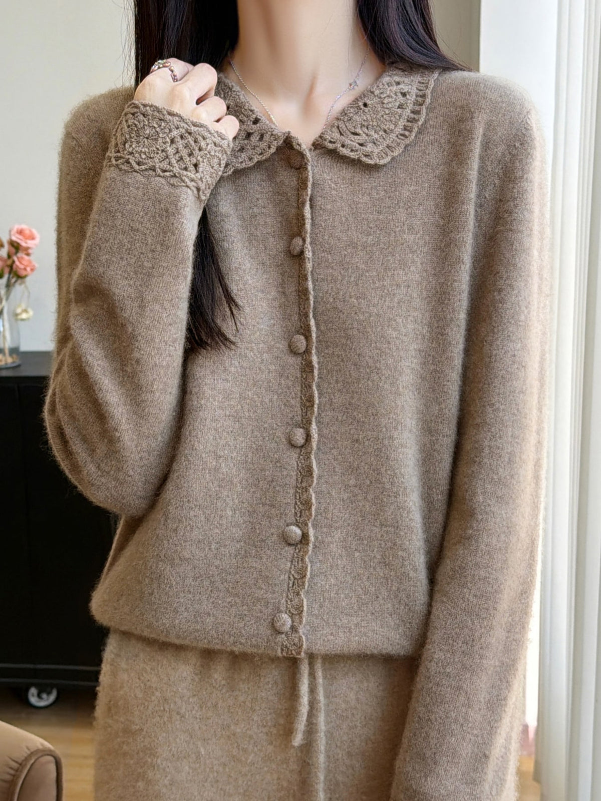 Lace-Collar Button Down Knit Cardigan - Camel - View 10