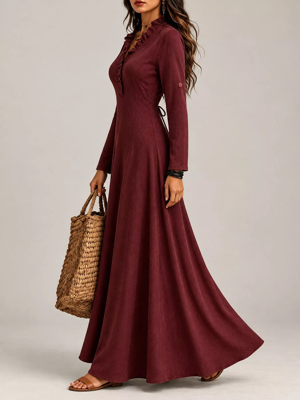 Full Size Frill Roll-Up Sleeve Maxi Dress Plus Size - Wine Red - View 15