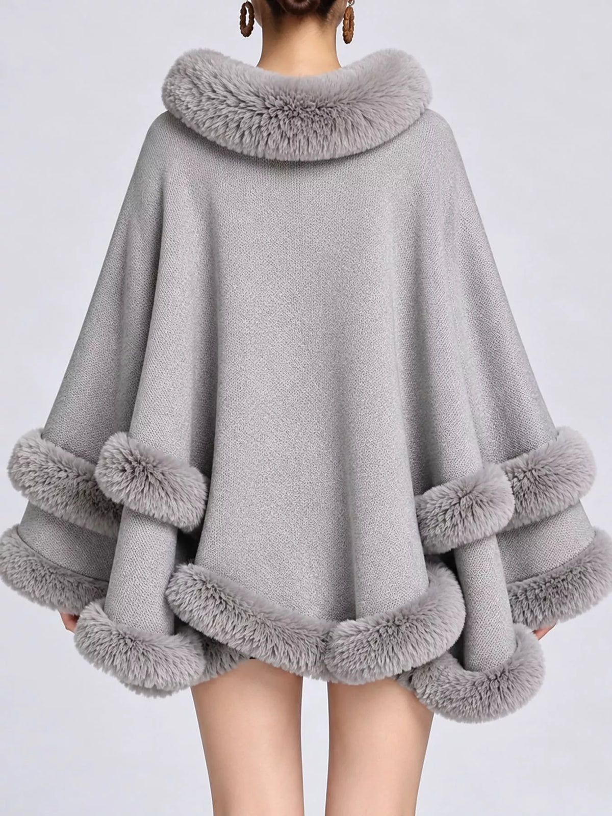 Faux Fur Trimmed Hooded Cape - Light Gray - View 51