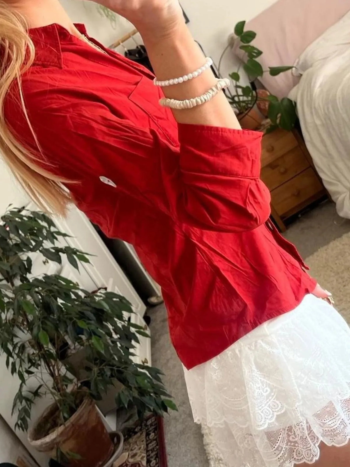 Collared Neck Button-Down Shirt - Red - View 9