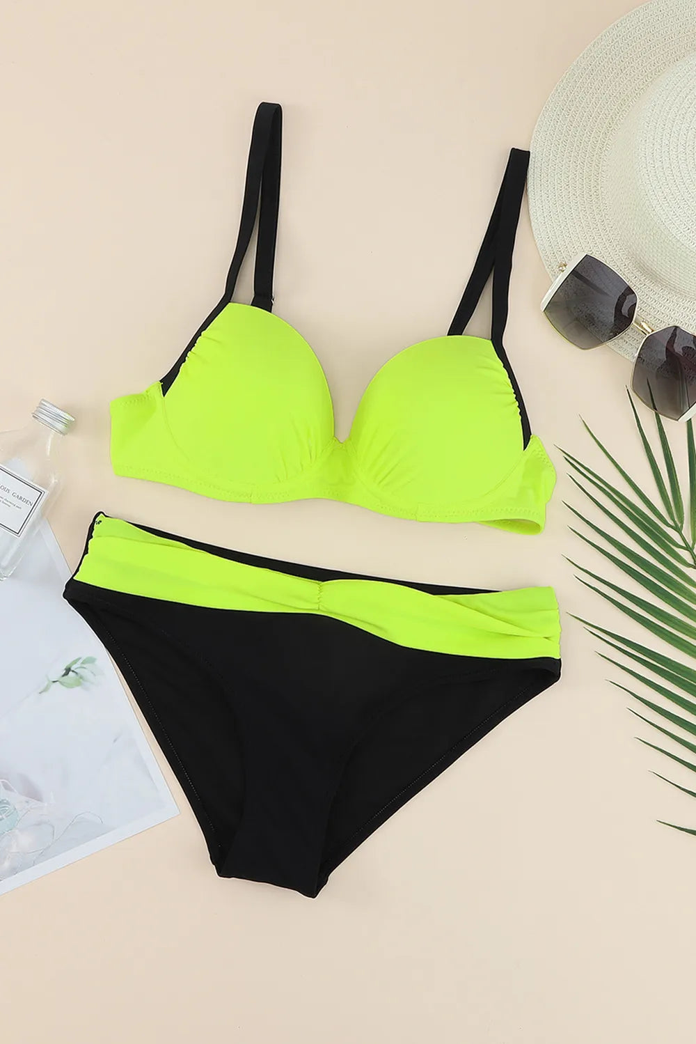 Contrast Sweetheart Neck Bikini Set - Neon Yellow - View 4