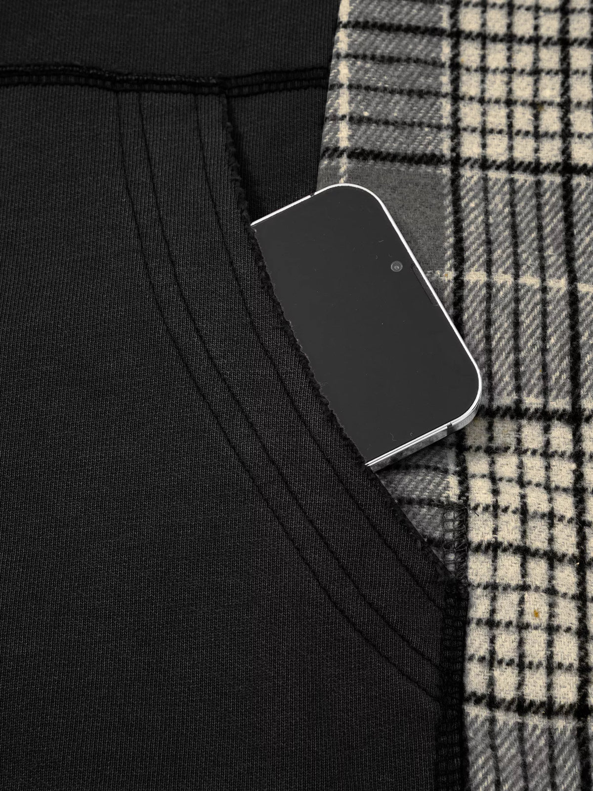 Plaid Sleeve Drawstring Pocket Hoodie - Black - View 28