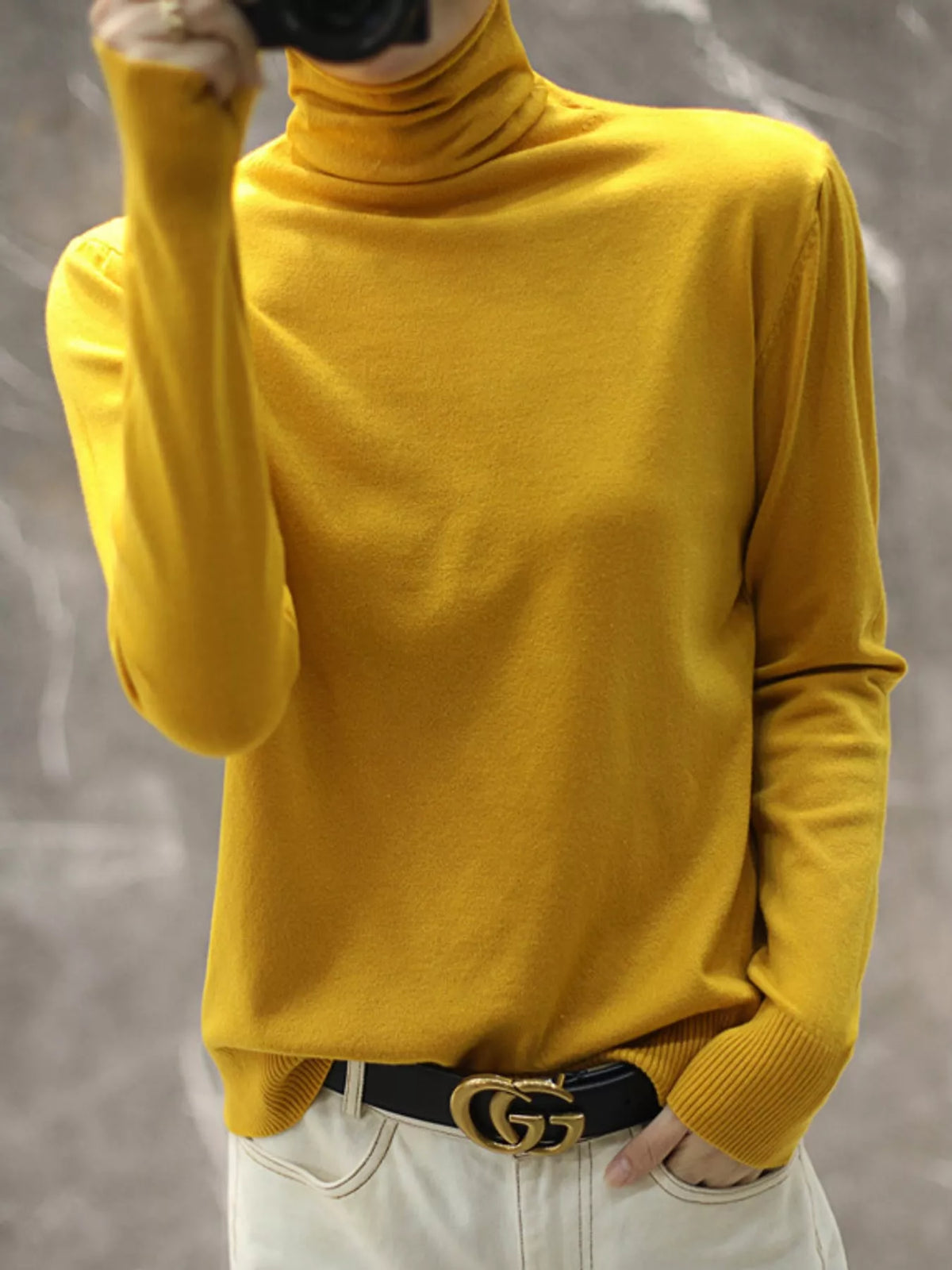 Full Size Slim-Fit Turtleneck Knit Top Plus Size - Mustard Yellow - View 34