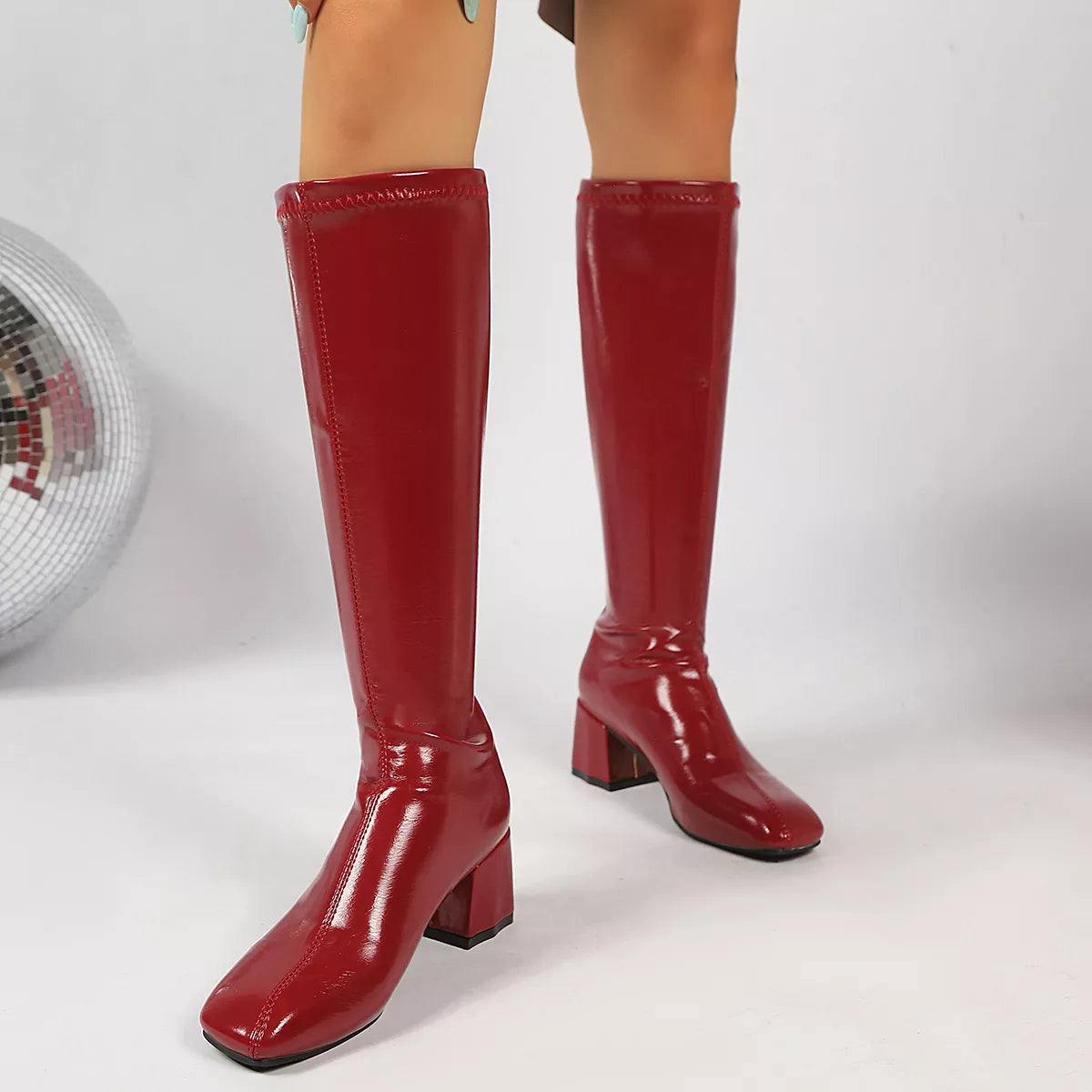 Square Toe Block Heels Boots - Red - View 7