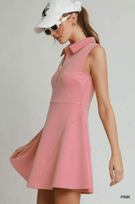 Umgee Collared Quarter Zip Tennis Dress - Pink - View 2