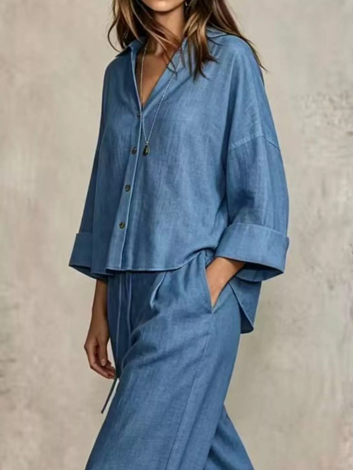 Full Size Button-Down Shirt and Wide-Leg Pants Set Plus Size - Blue - View 14