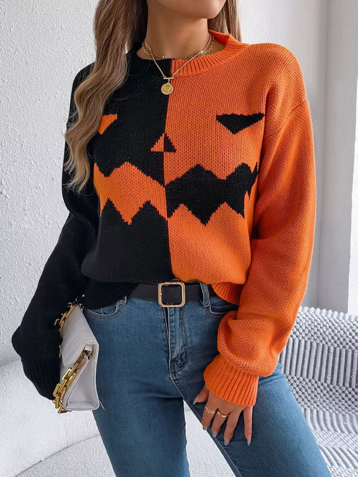 Pumpkin Face Graphic Two Tone Sweater - Orange - View 2