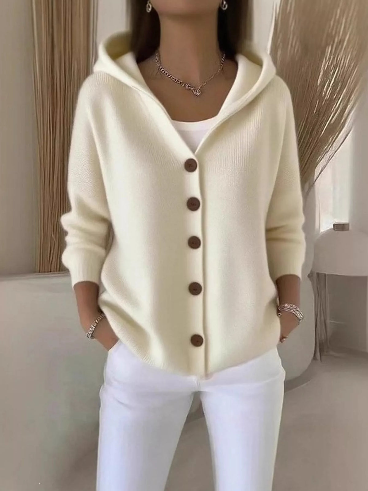 Full Size Hooded Button-Down Knit Cardigan Plus Size - Ivory - View 18