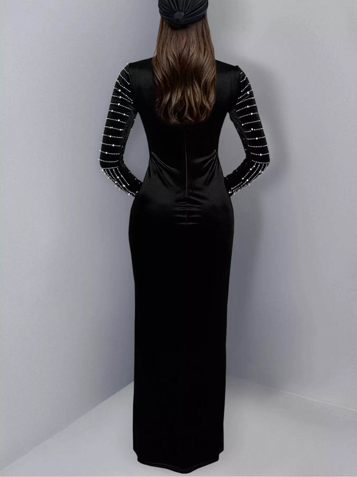 Rhinestone Embellished Mock Neck Long Sleeve Maxi Dress - Black - View 2
