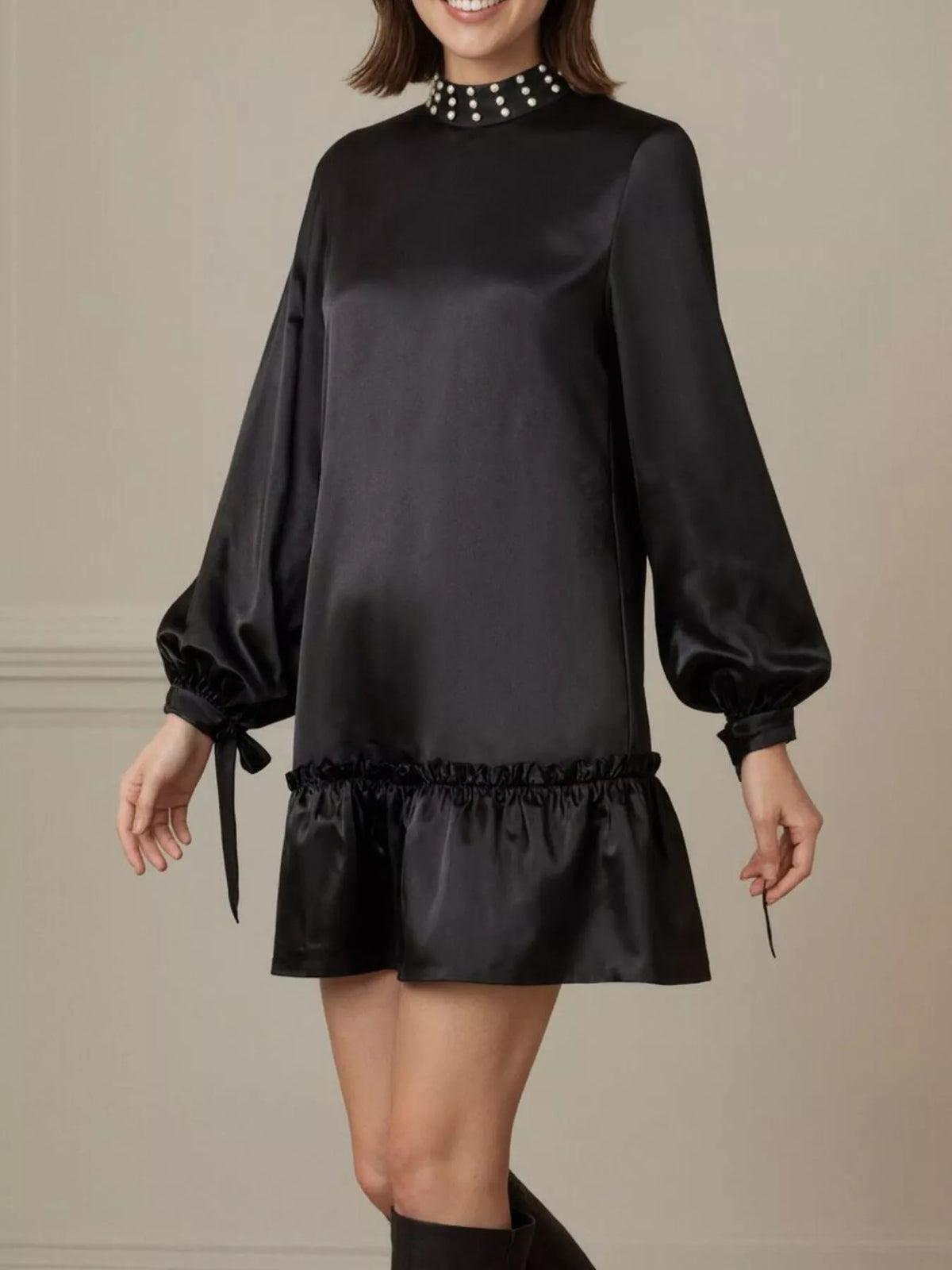 Pearl-Embellished Mock Neck Ruffle Hem Dress - Black - View 2