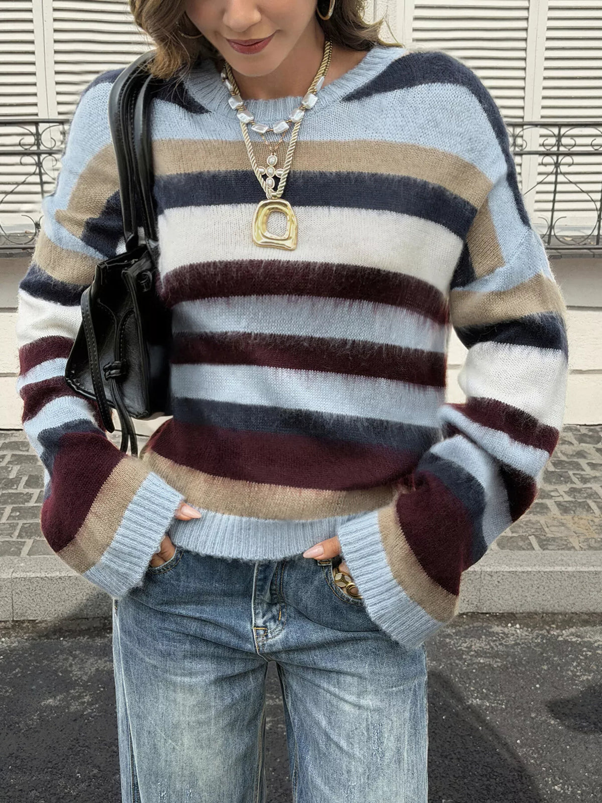 Multi-Color Striped Fuzzy Sweater - Colorful Stripes - View 1