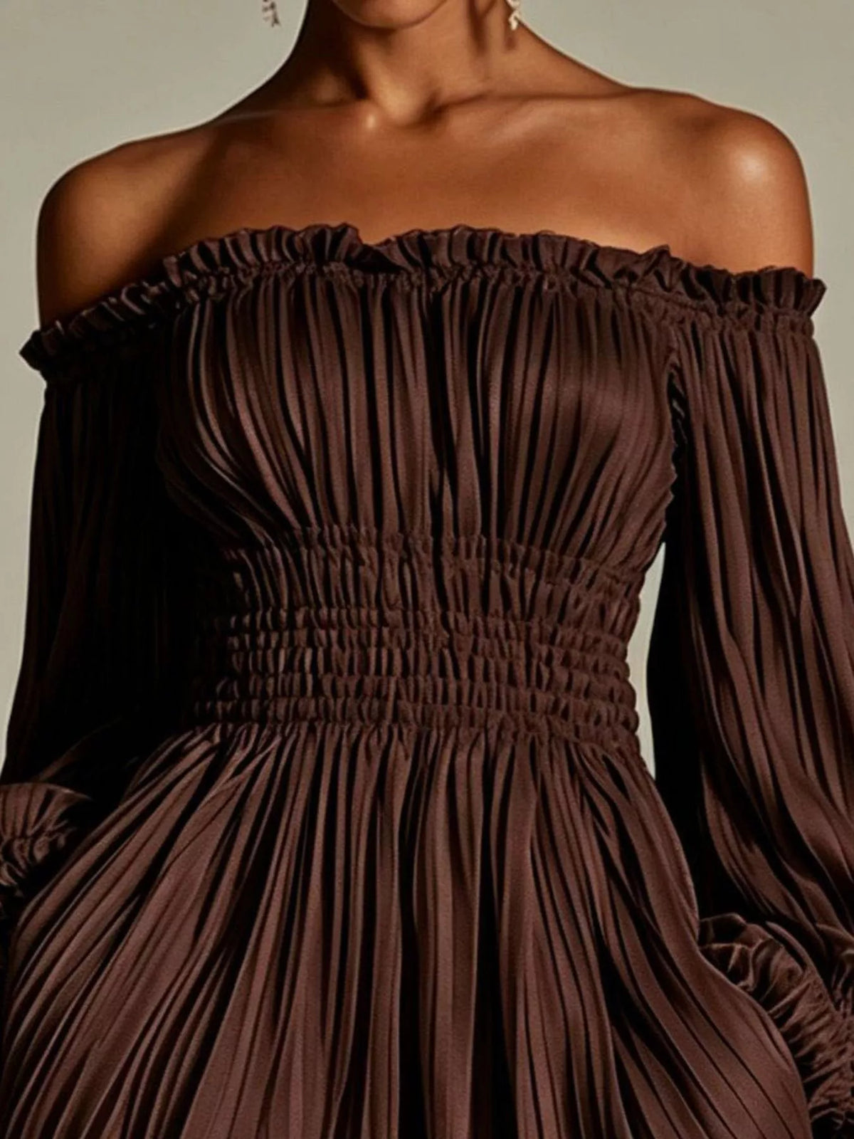 Off-Shoulder Pleated Mini Dress - Brown - View 3