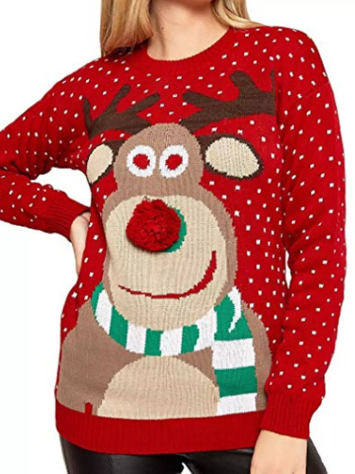Christmas Reindeer Graphic Round Neck Sweater - Red - View 1