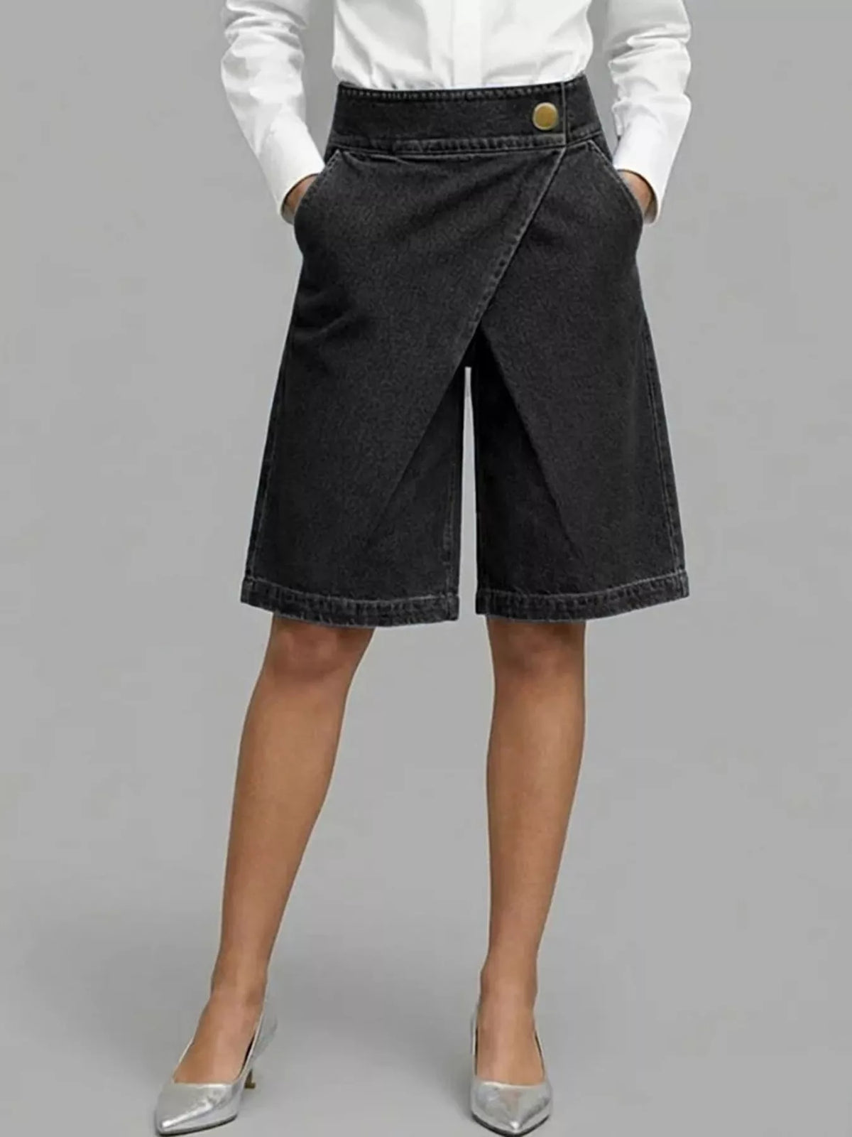 Full Size High-Waisted Wrap-Front Denim Look Shorts Plus Size - Black - View 1