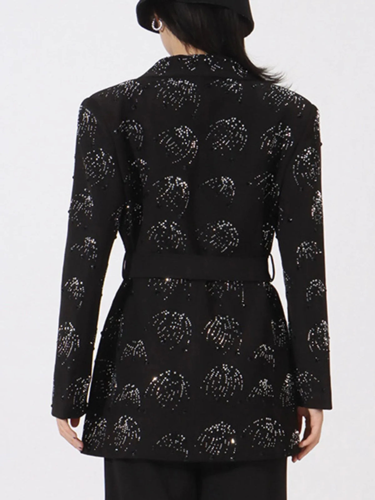 Rhinestone Button Down Long Sleeve Blazer - Black - View 8