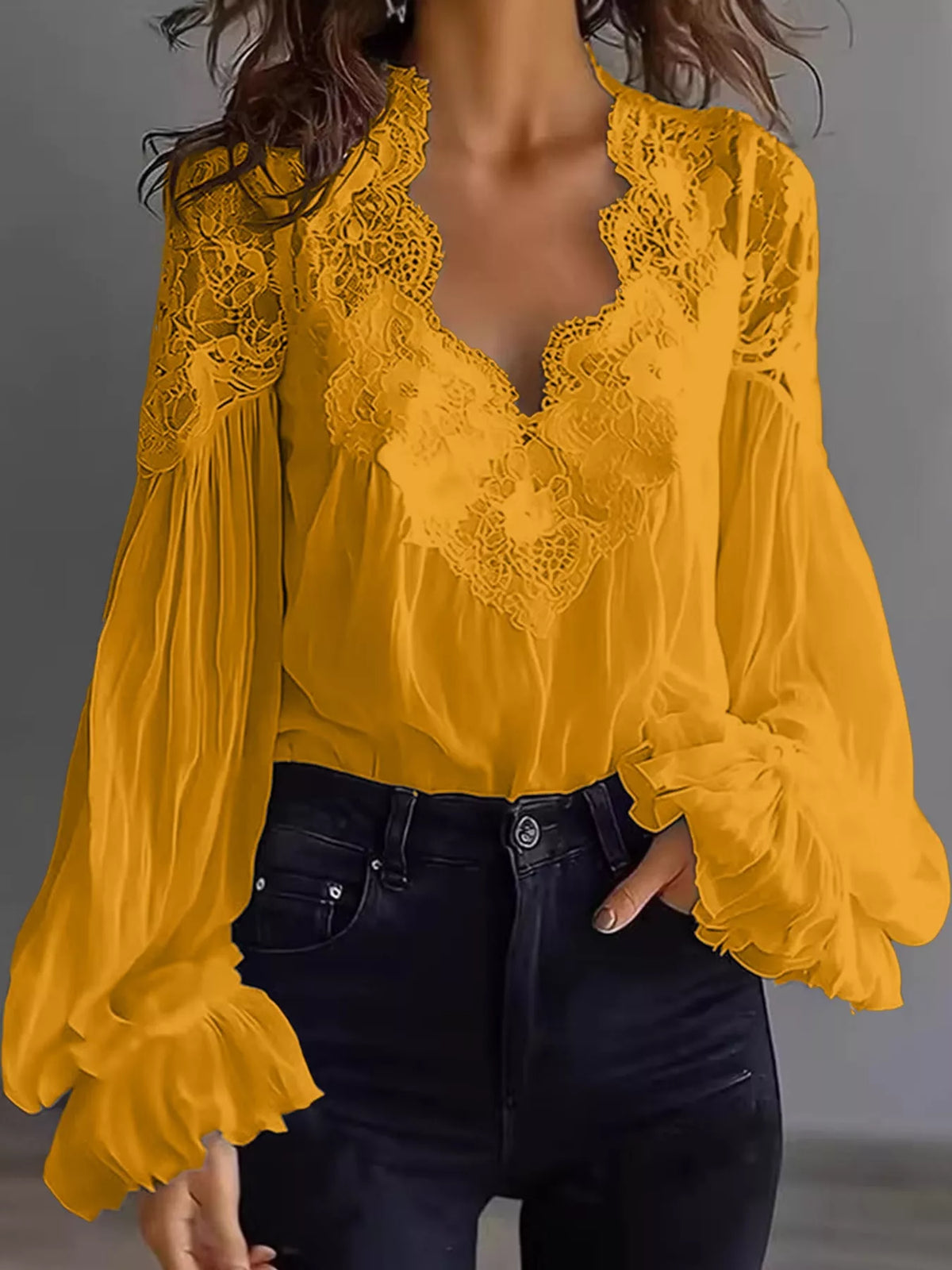 Full Size Lace V-Neck Flounce Sleeve Blouse Plus Size - Yellow - View 16