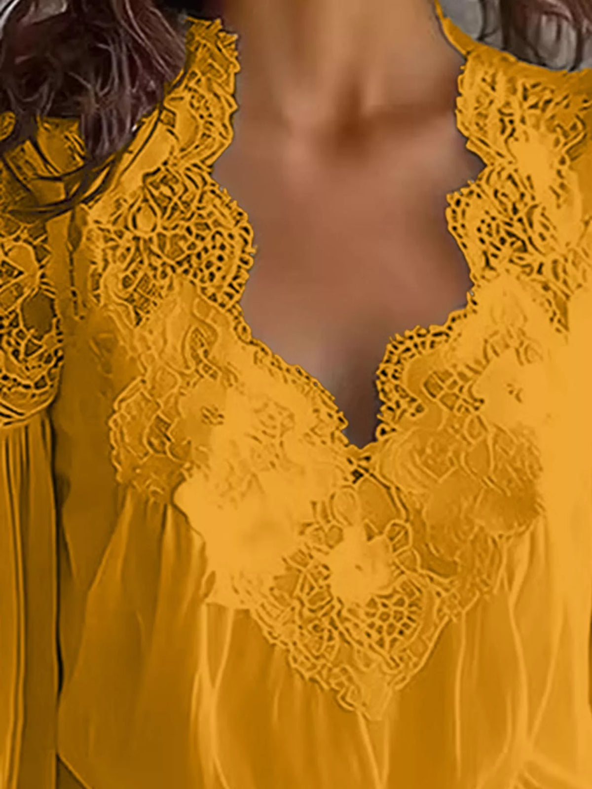 Full Size Lace V-Neck Flounce Sleeve Blouse Plus Size - Yellow - View 17