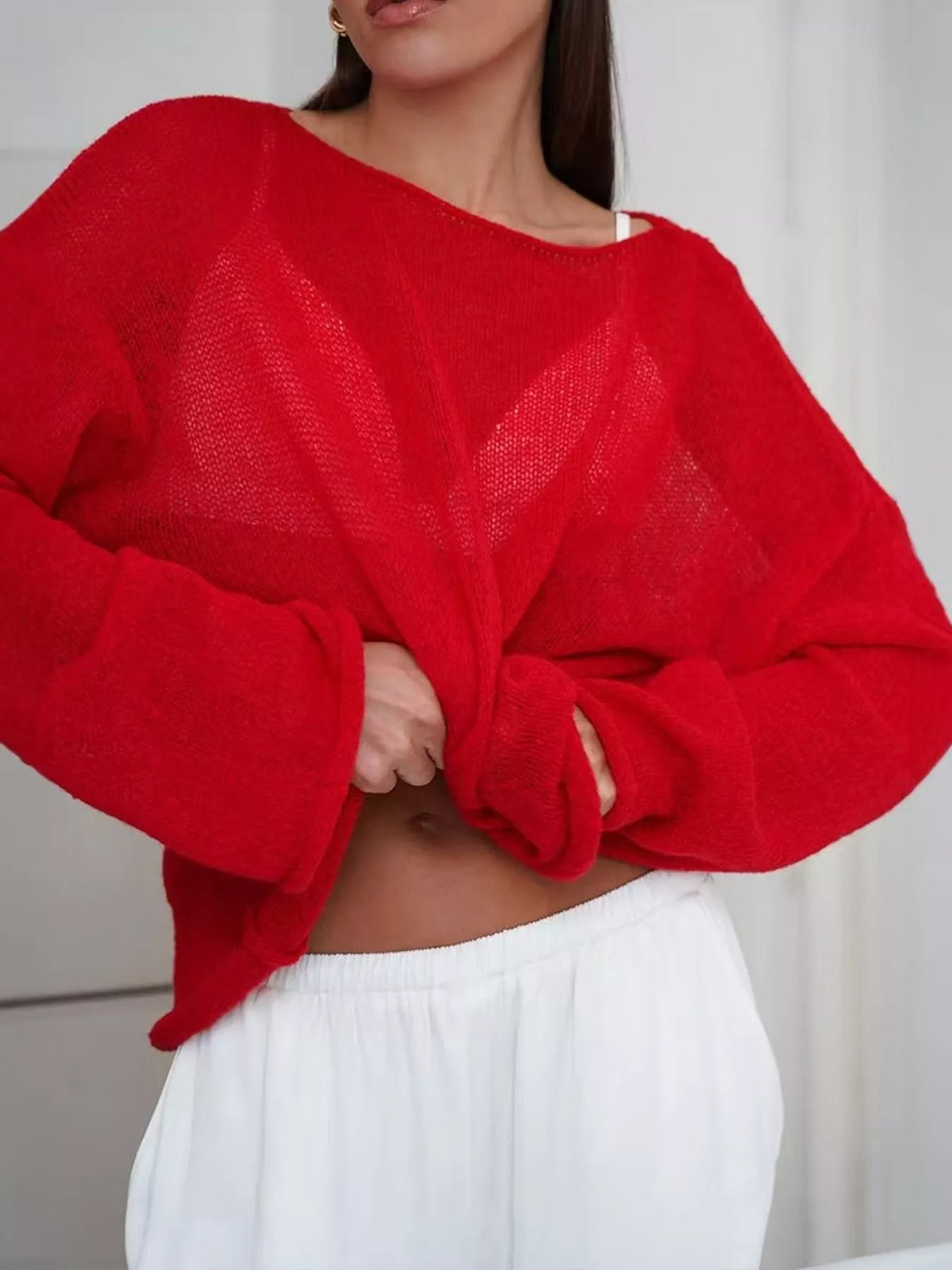Full Size Sheer Lightweight Knit Top Plus Size - Red - View 8