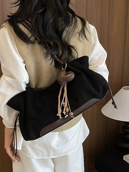 Vintage Drawstring Shoulder Bag - Black - View 5