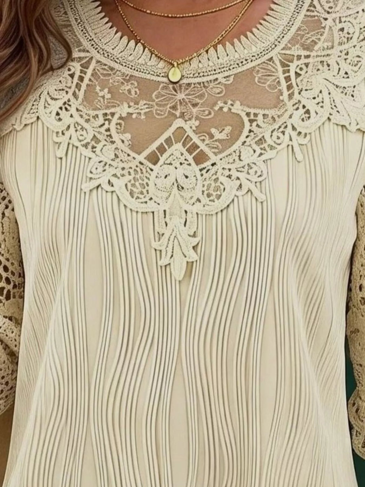 Lace Patchwork Long Sleeve Blouse - Beige - View 3