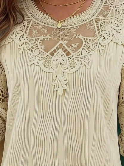 Lace Patchwork Long Sleeve Blouse - Beige - View 3