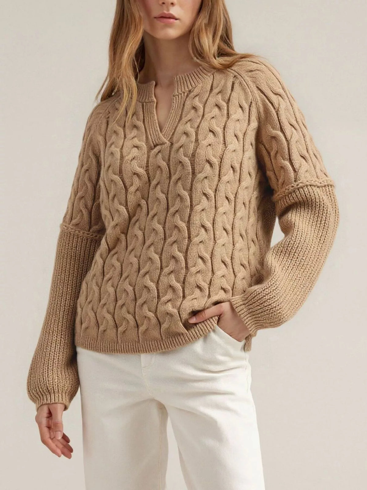 Cable-Knit Dropped Shoulder Sweater - Khaki - View 1