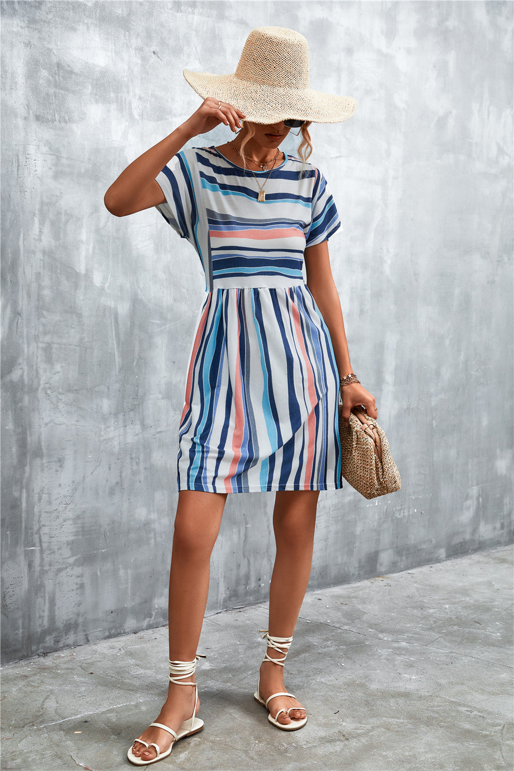 Striped Round Neck Dress - Navy - View 14