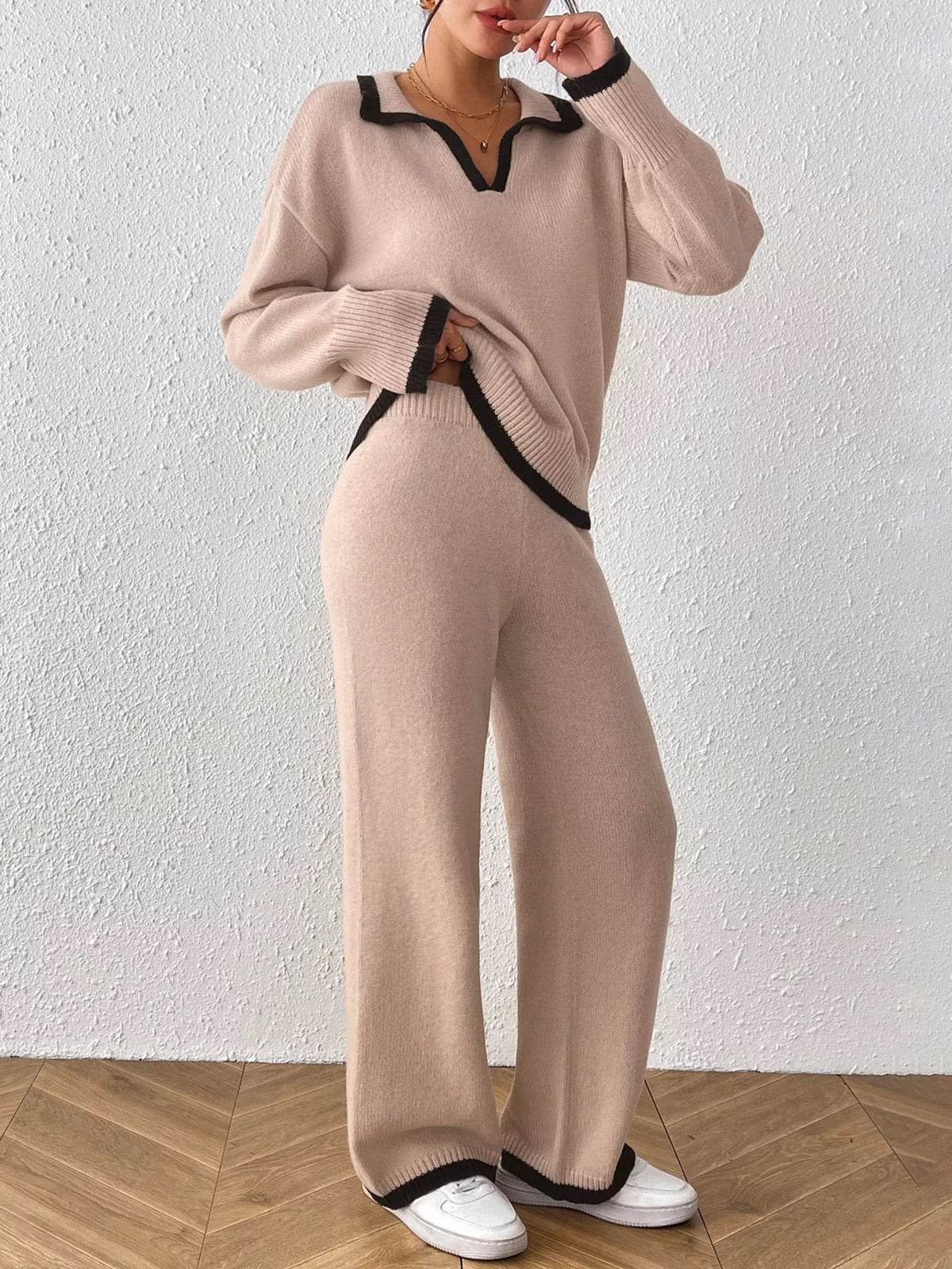 Contrast Trim Polo Collar Top and Pants Sweater Set - Dust Storm - View 3