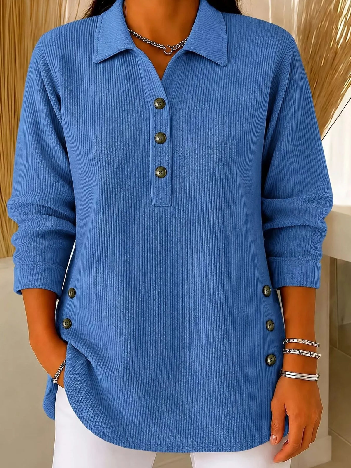 Full Size Button Detail Long Sleeve Top Plus Size - Royal Blue - View 1