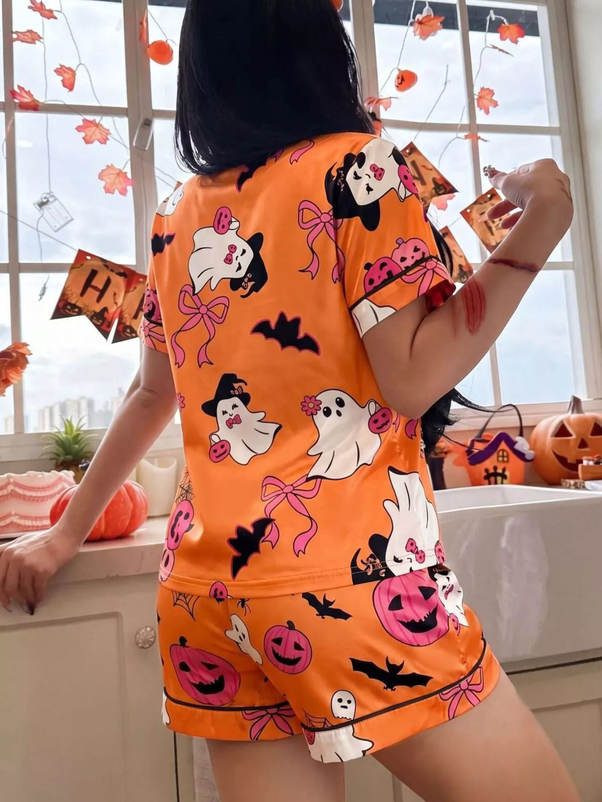 Halloween Ghost Print Button-Down Top and Shorts Lounge Set - Orange - View 4
